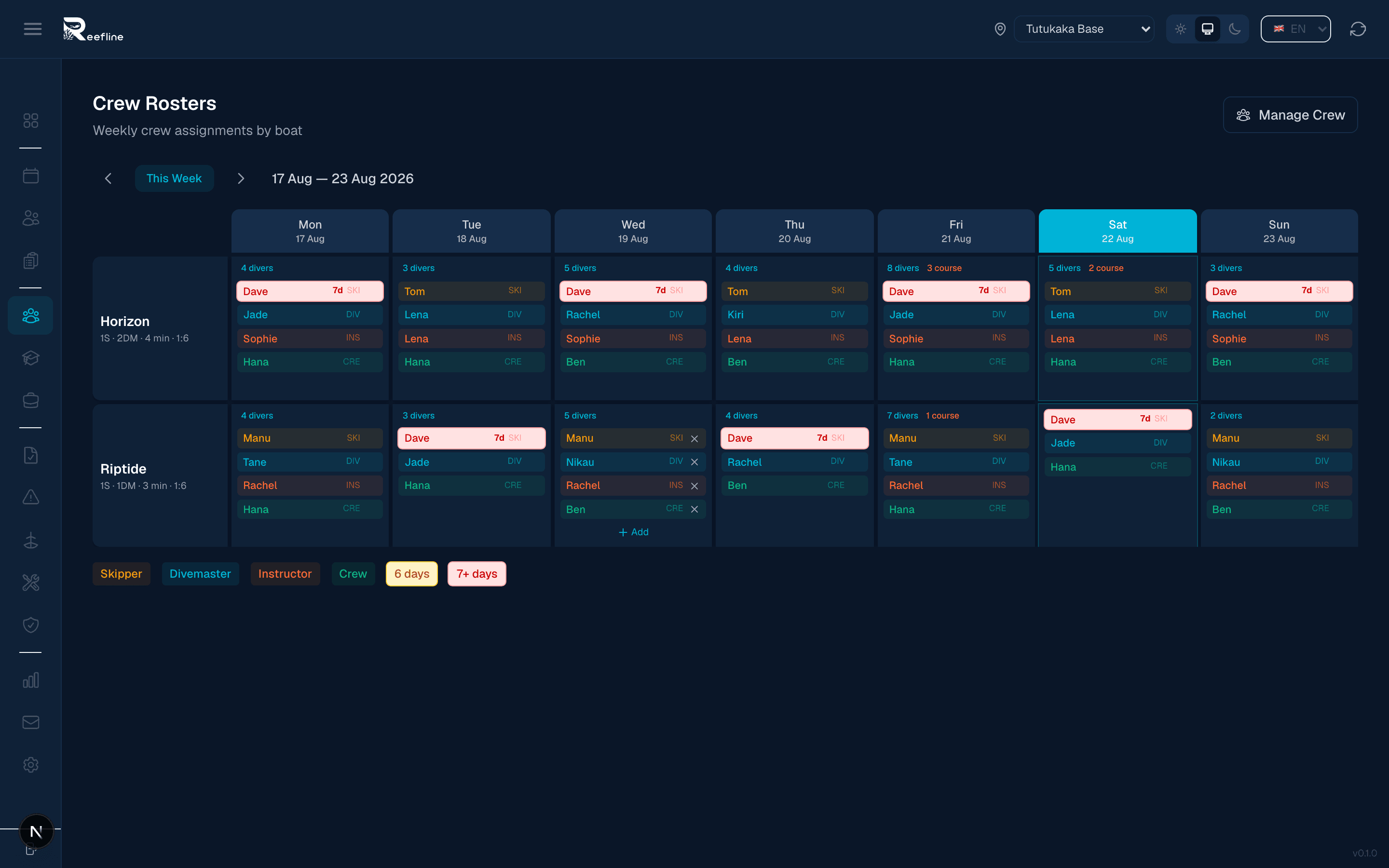 Crew roster weekly view with boat assignments and Assign Crew modal
