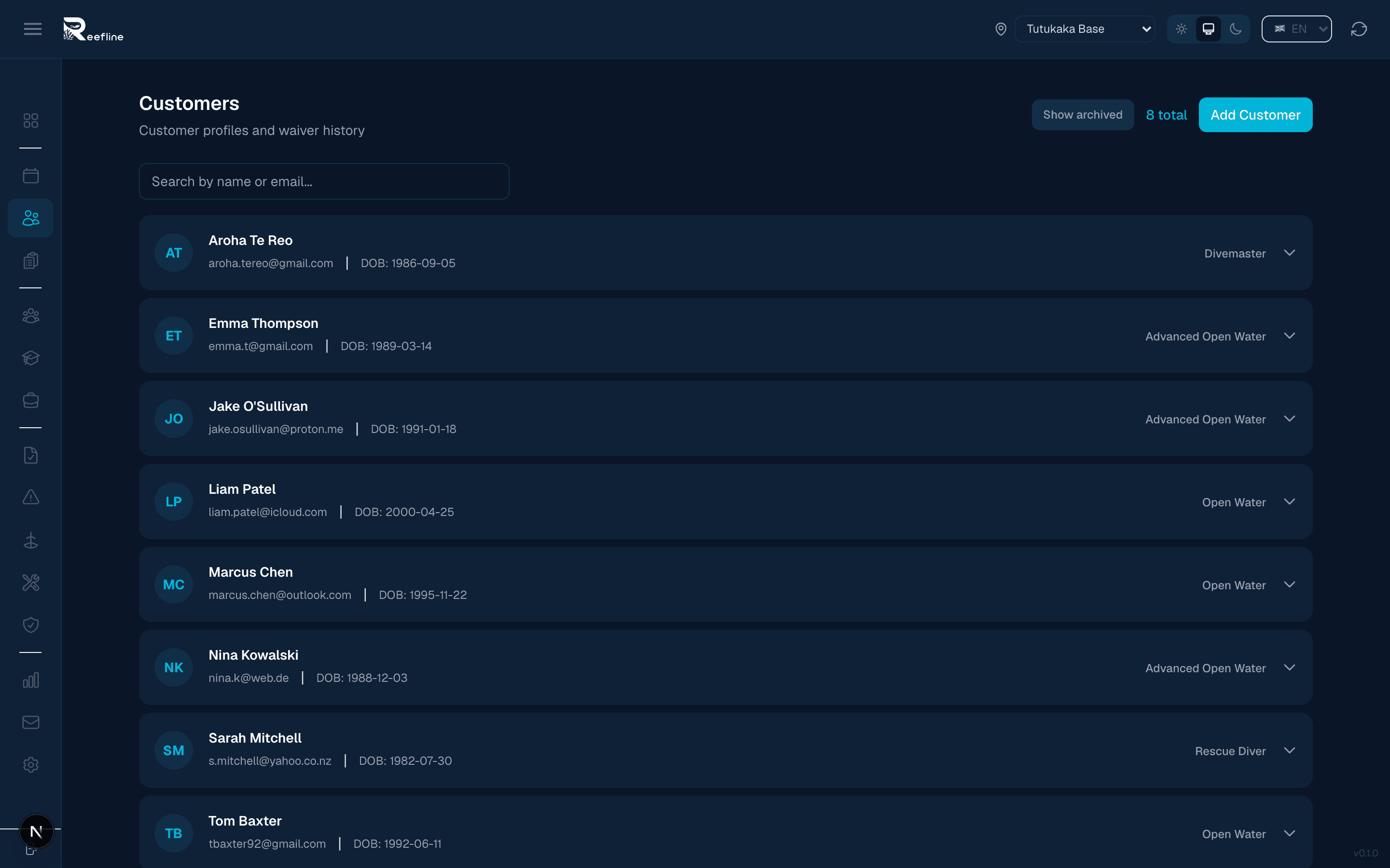 Customer database with linked waivers and dive history