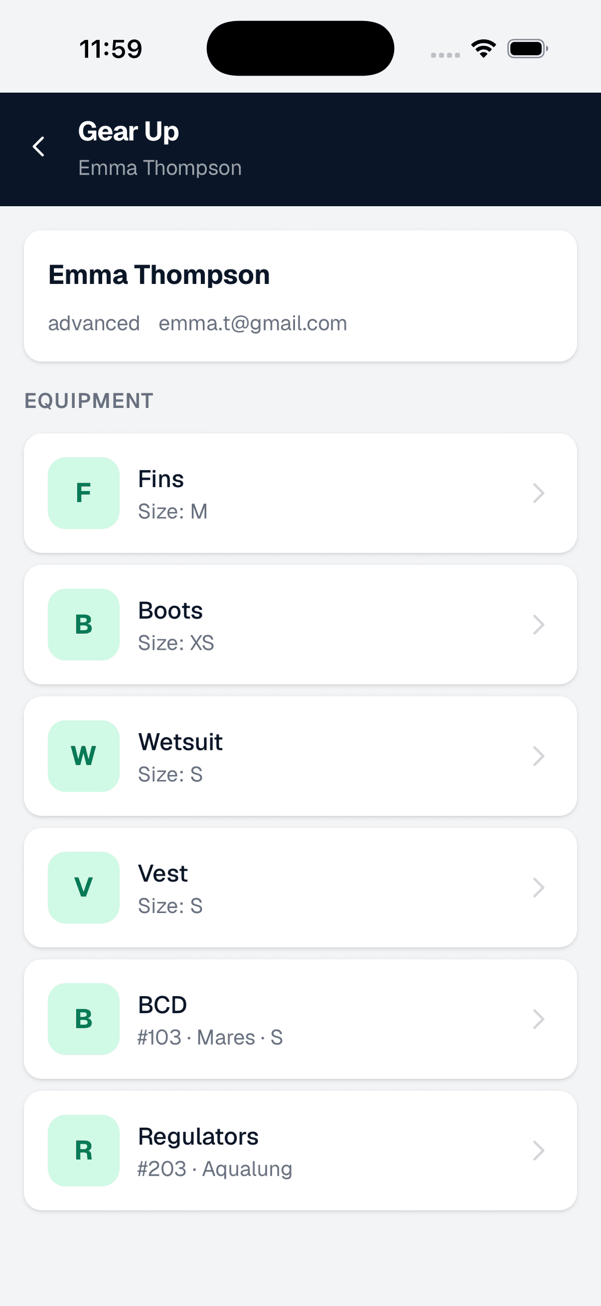 Gear Up complete screen showing all gear assigned to a customer with green checkmarks