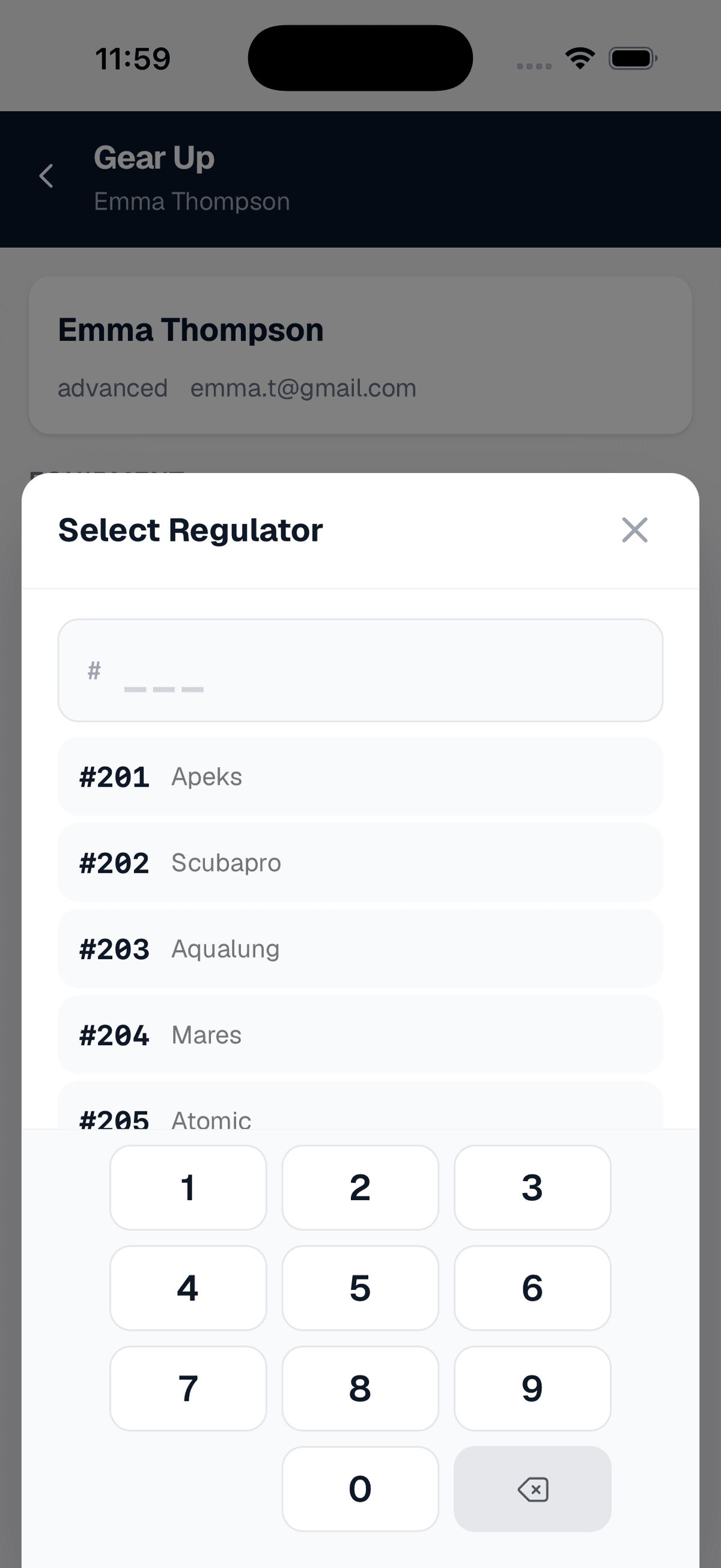 Gear Up screen showing tracked regulator selection by ID number for a customer