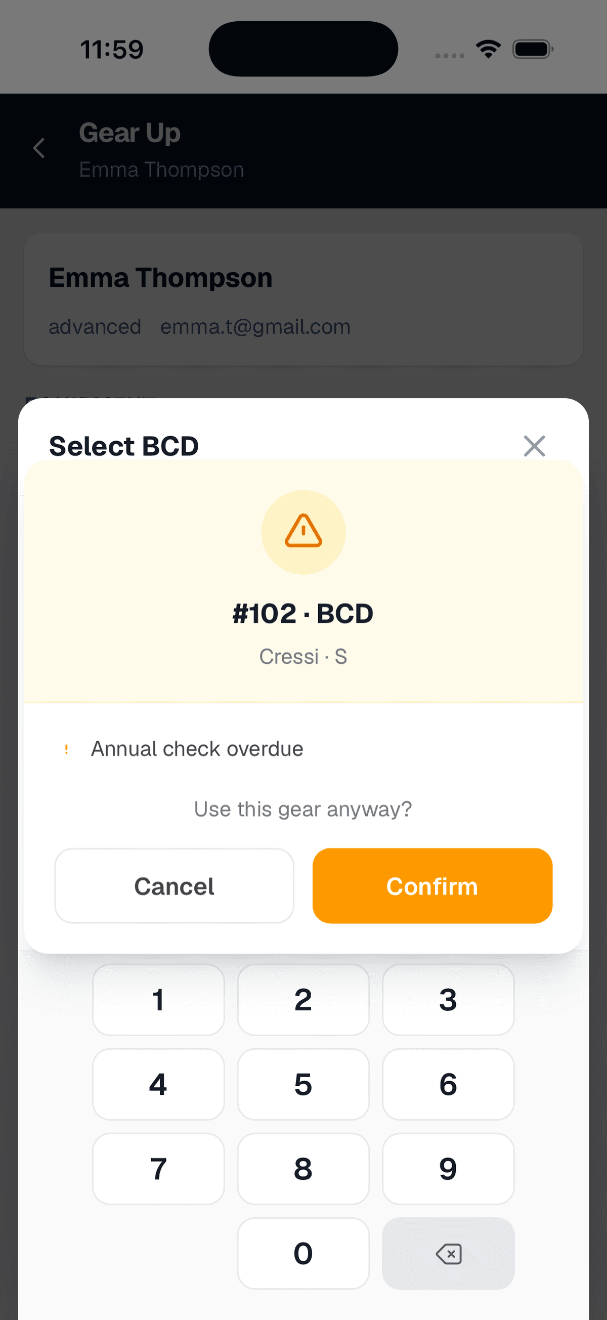 Gear Up screen showing service warning on a regulator requiring attention before assignment