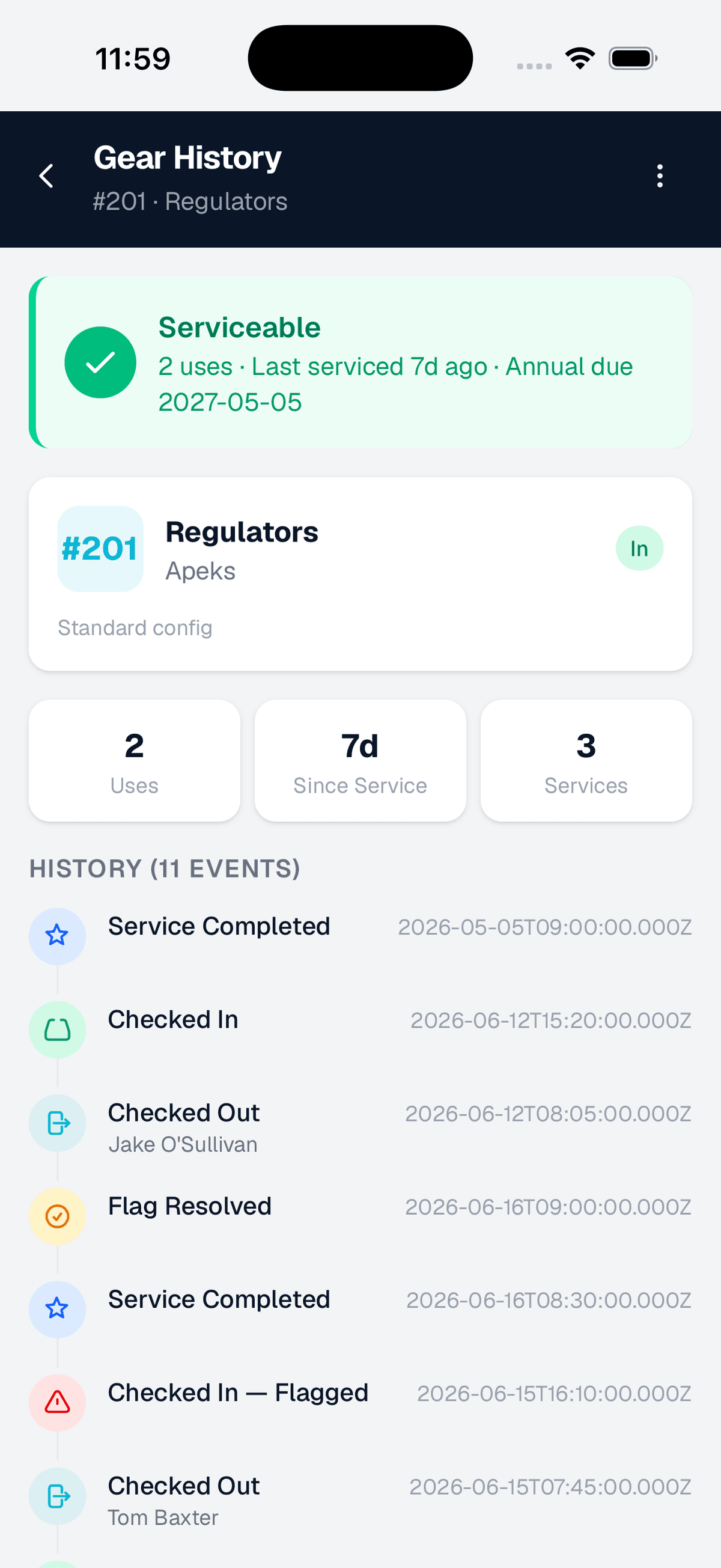 Gear History screen showing audit trail with check-outs, check-ins, service records, and flag events for regulator #201