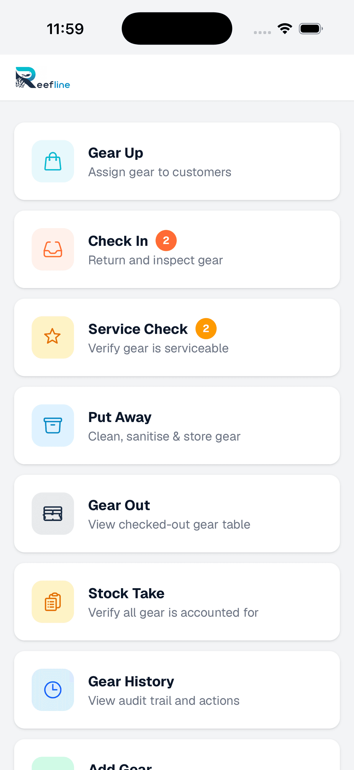 Gear app home screen showing Gear Up, Check In, Service Check, Put Away, Gear Out, Stock Take, and Gear History