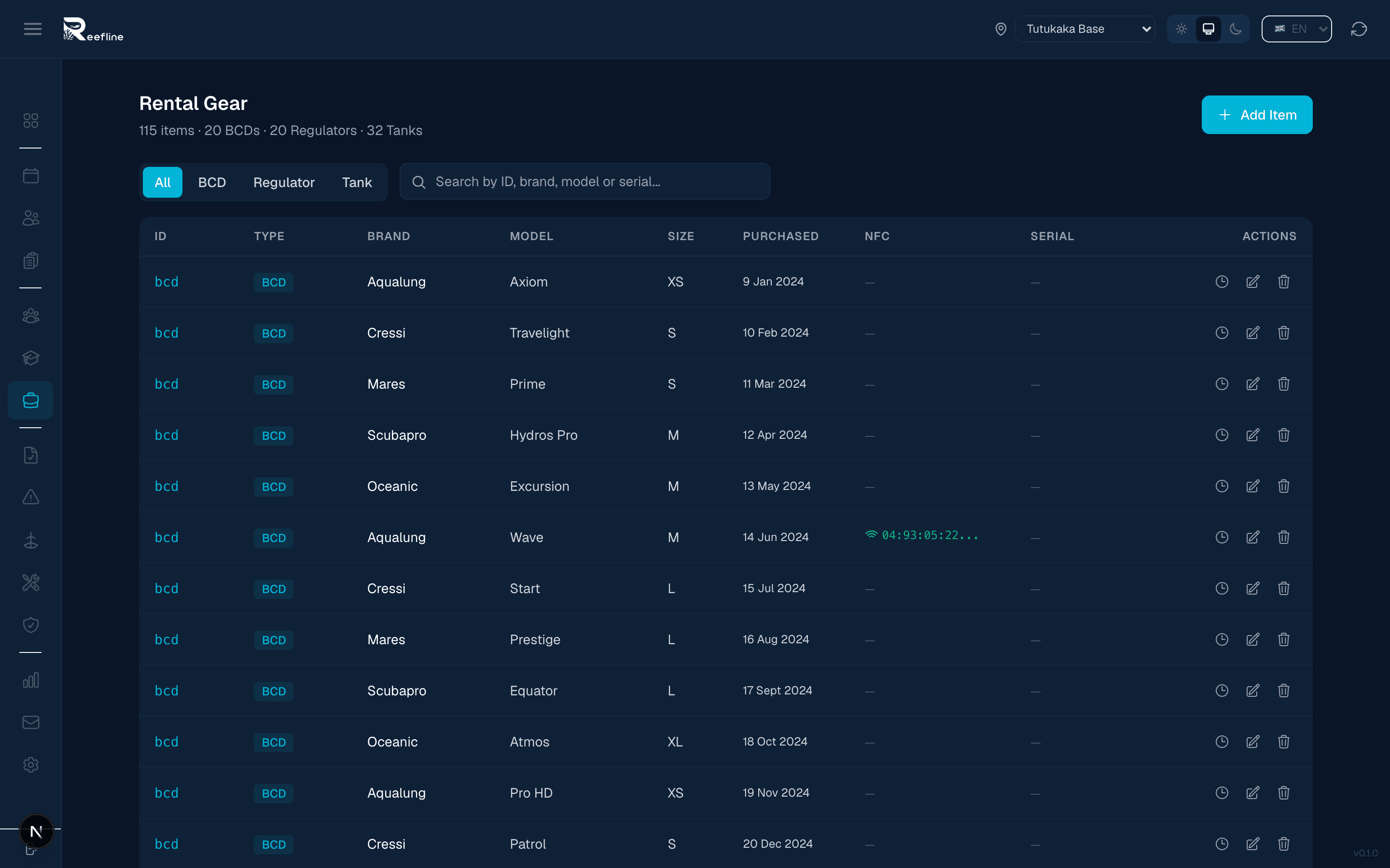 Admin gear inventory list showing all equipment with status, serial numbers, and last service dates