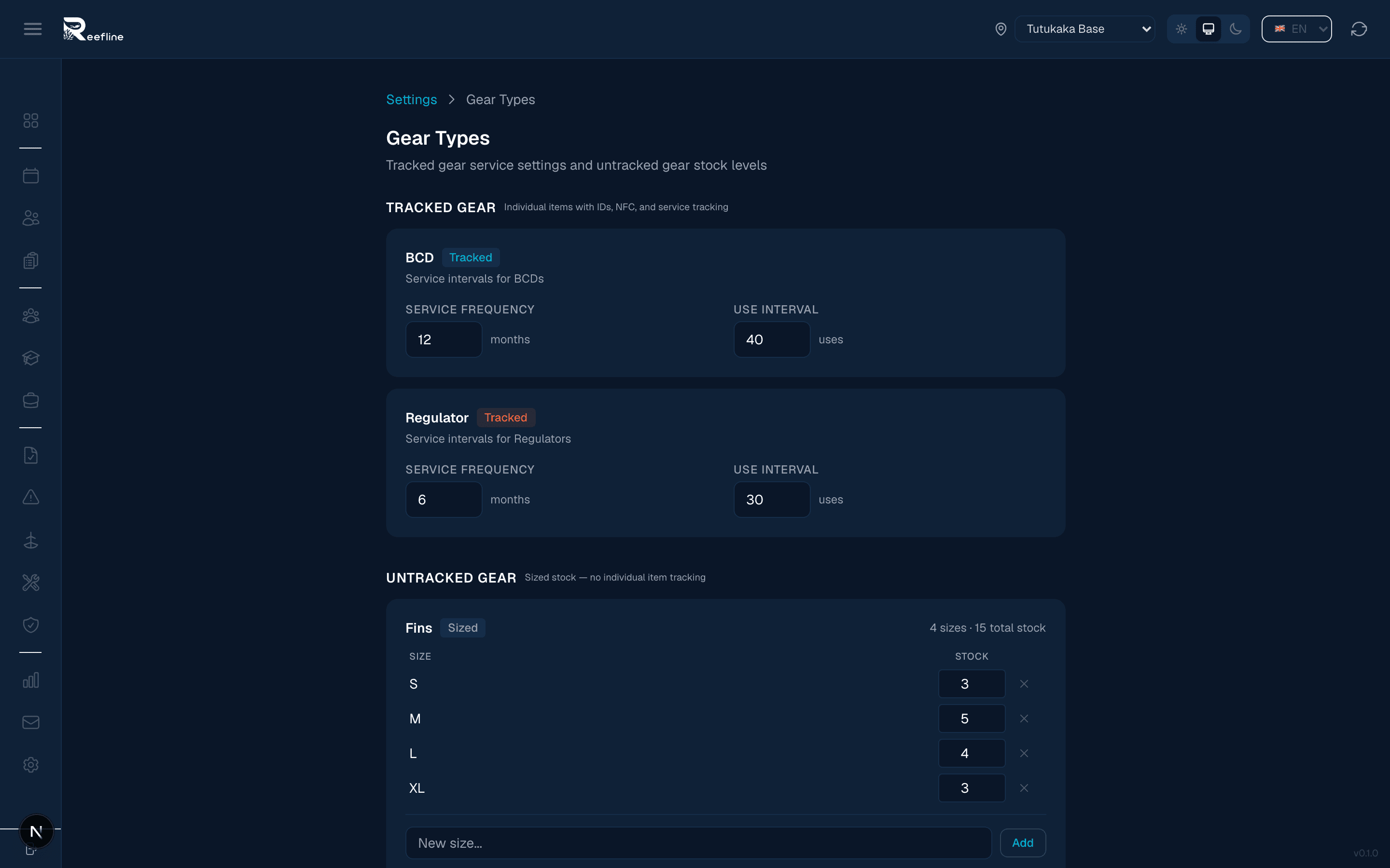 Gear module settings showing equipment categories, service intervals, and tracking configuration