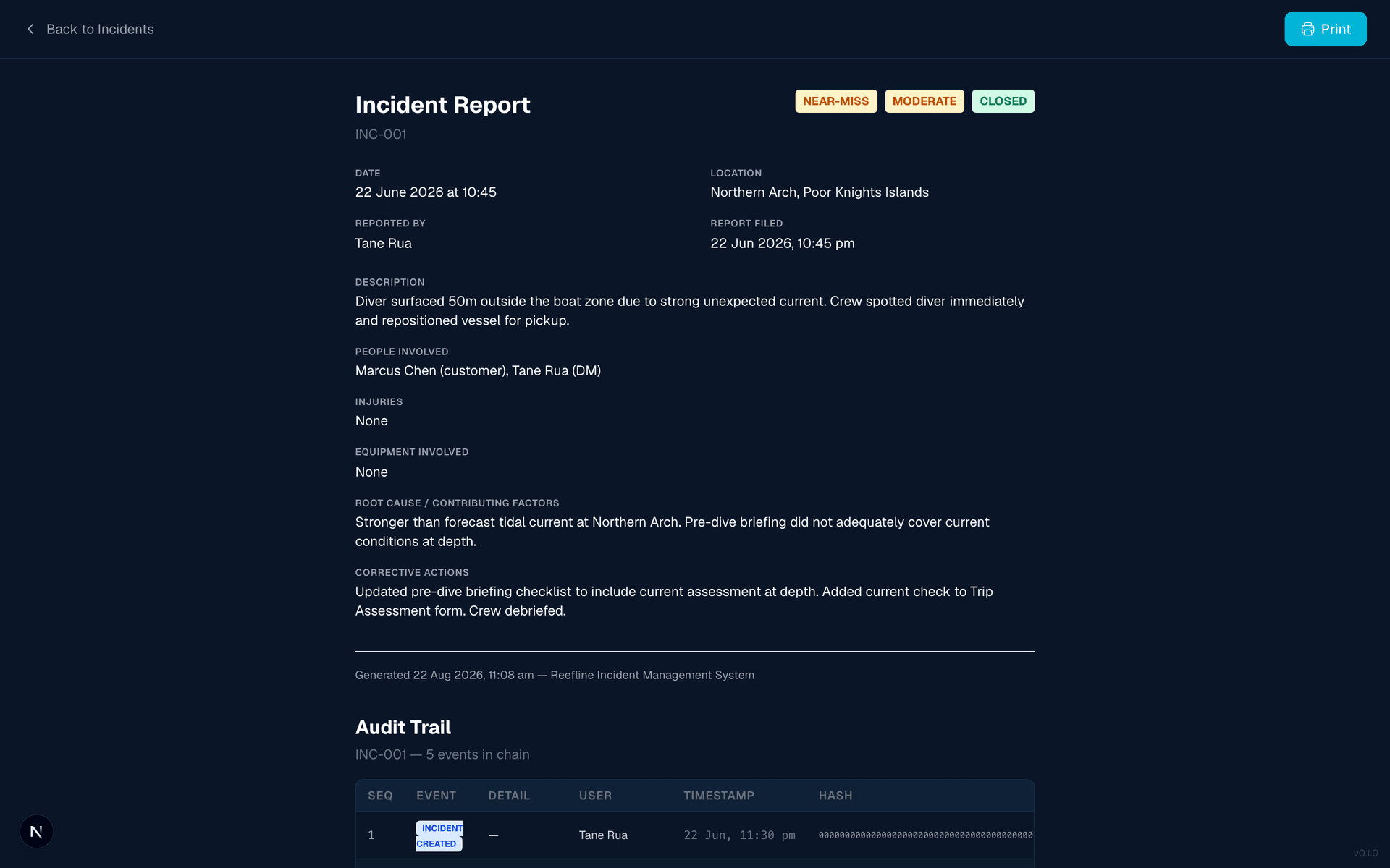 Printable incident report with HMAC-SHA256 hash chain verification showing all 5 events are intact and unmodified