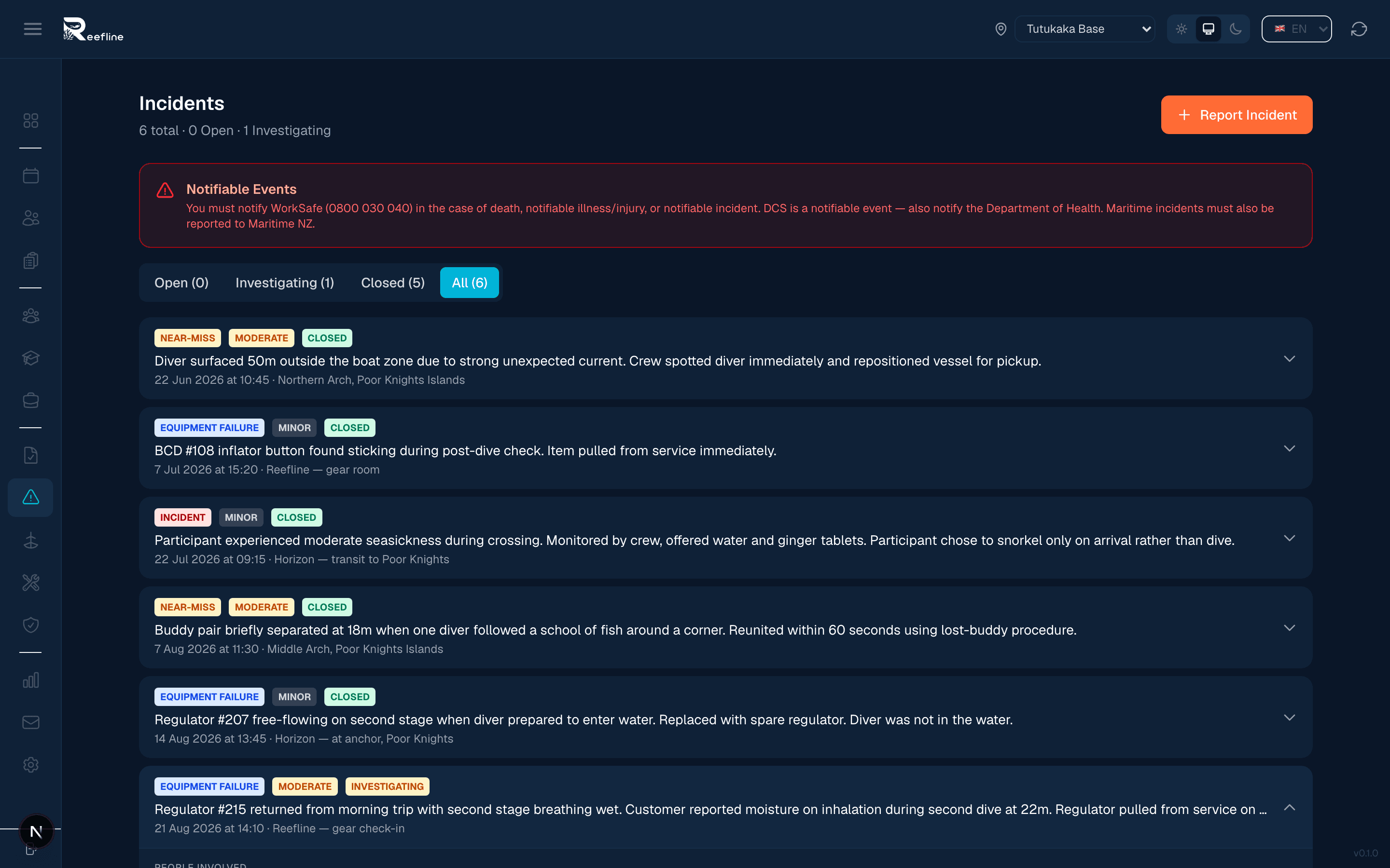 Individual incident detail view showing timeline of events, investigation notes, and corrective actions