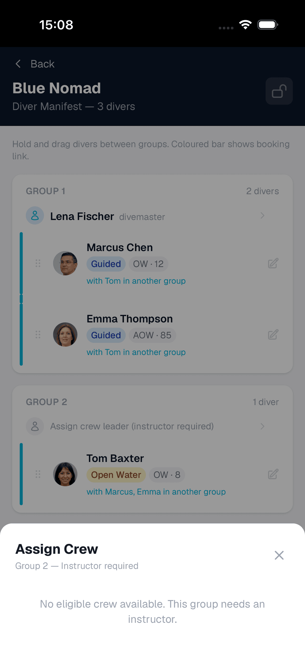 Diver manifest showing dive groups with certification levels and an Assign Crew modal