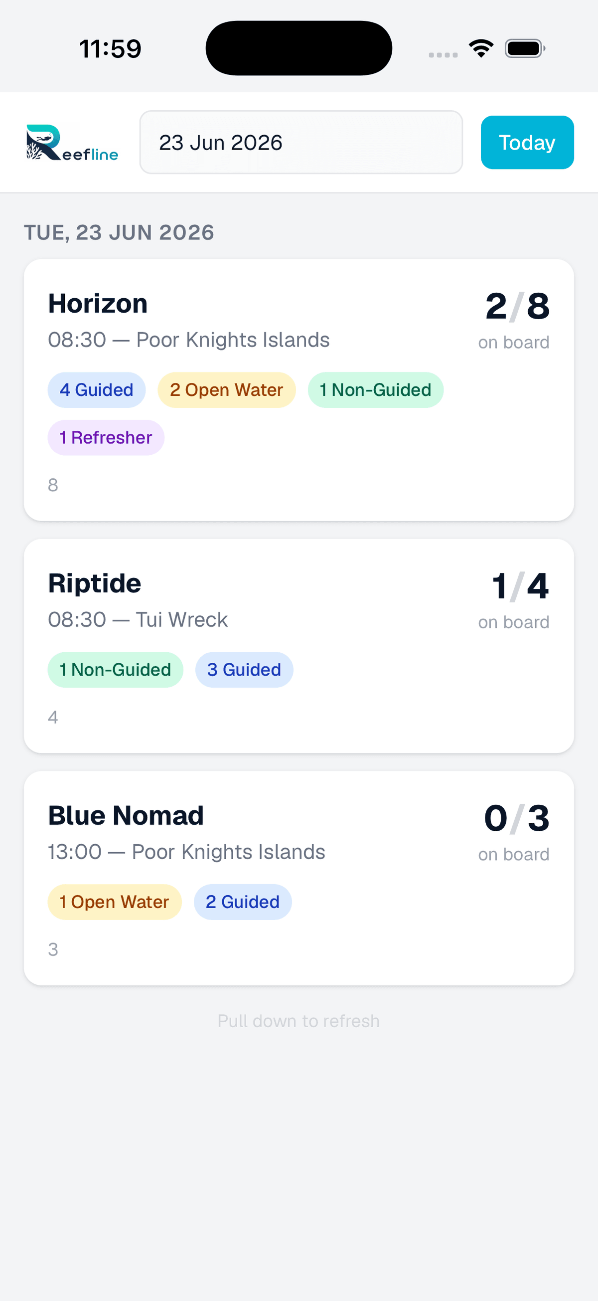 Manifest app boat selection screen showing available vessels for today's trips