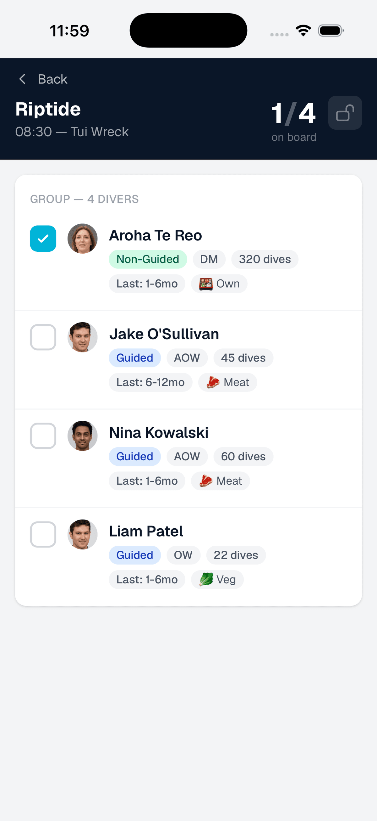 Manifest app passenger check-in screen with roll call status for each diver