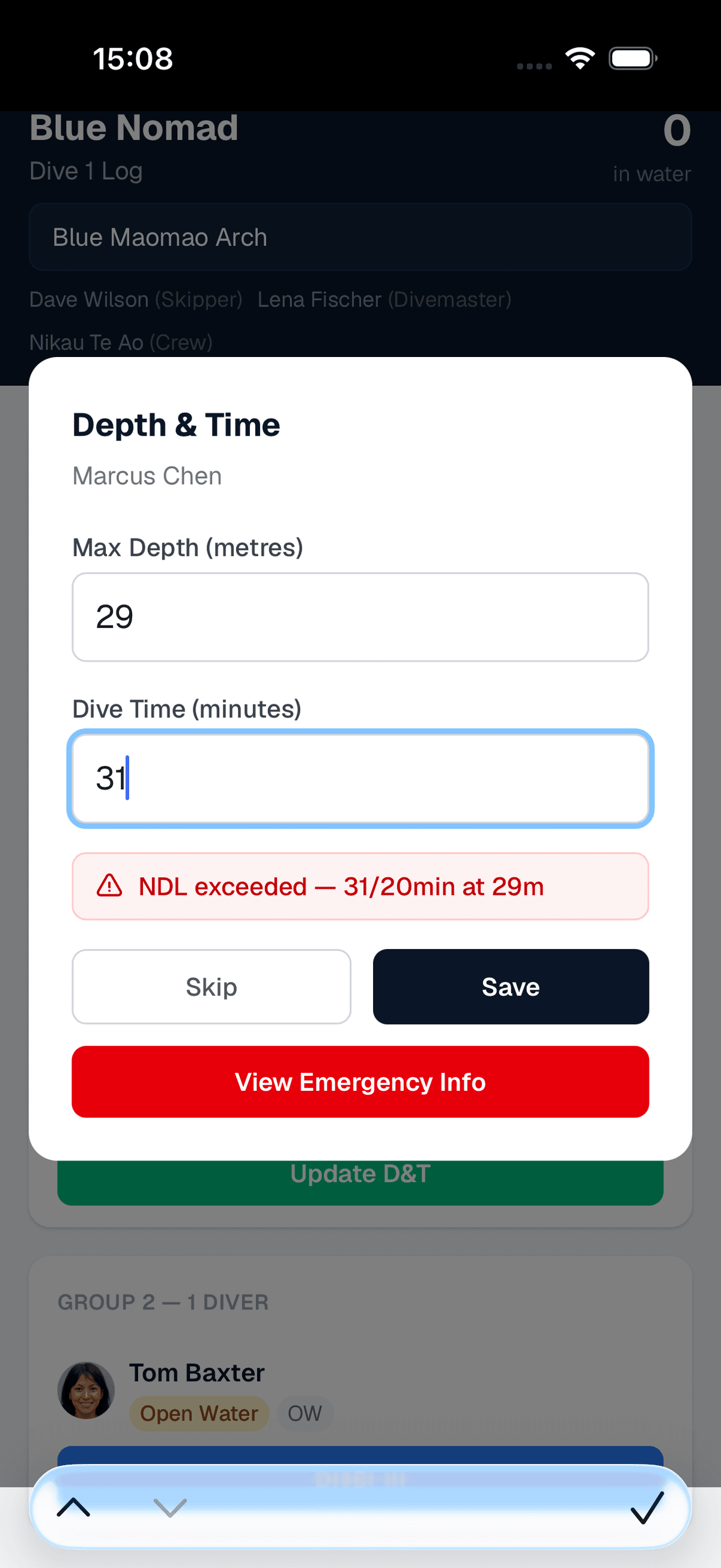 Depth and Time entry modal showing NDL exceeded warning at 31 minutes and 29 metres