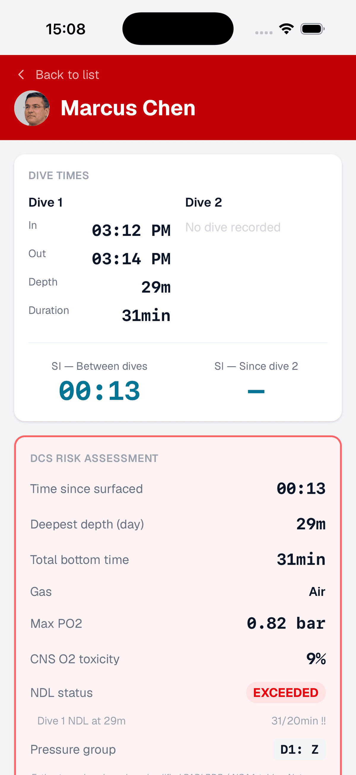 Emergency info screen showing diver's dive times, surface intervals, DCS risk assessment with NDL exceeded status, and pressure group