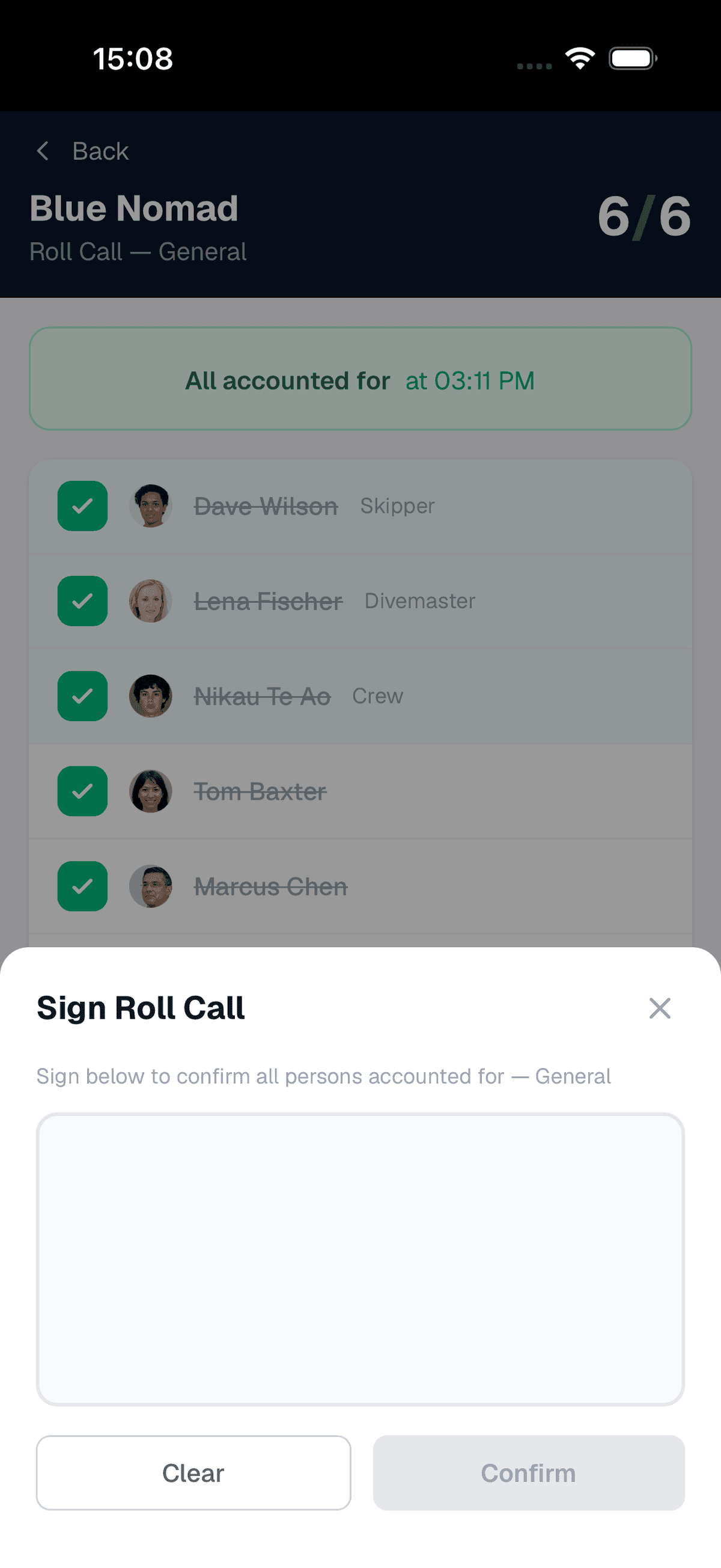 Roll call complete at 6 of 6 with all accounted for banner and signature confirmation modal