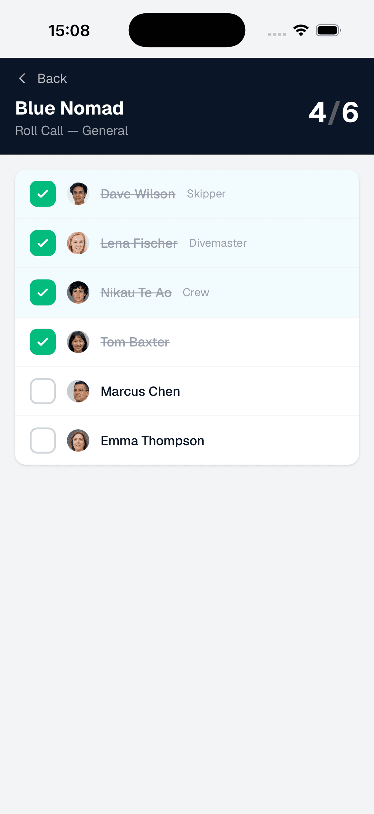 Roll call screen showing 4 of 6 people checked off with crew and passenger photos