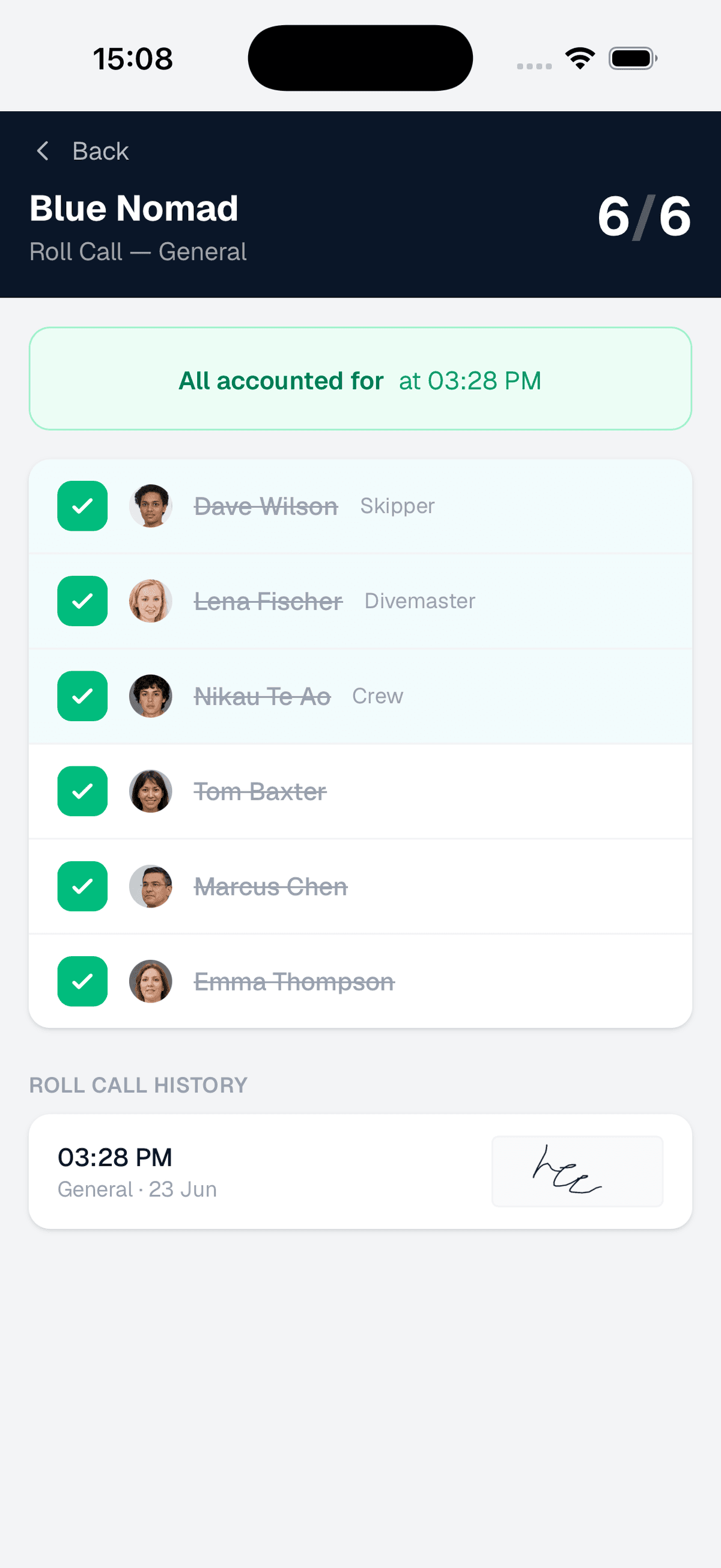 Roll call list showing all accounted for with signed roll call history and timestamps