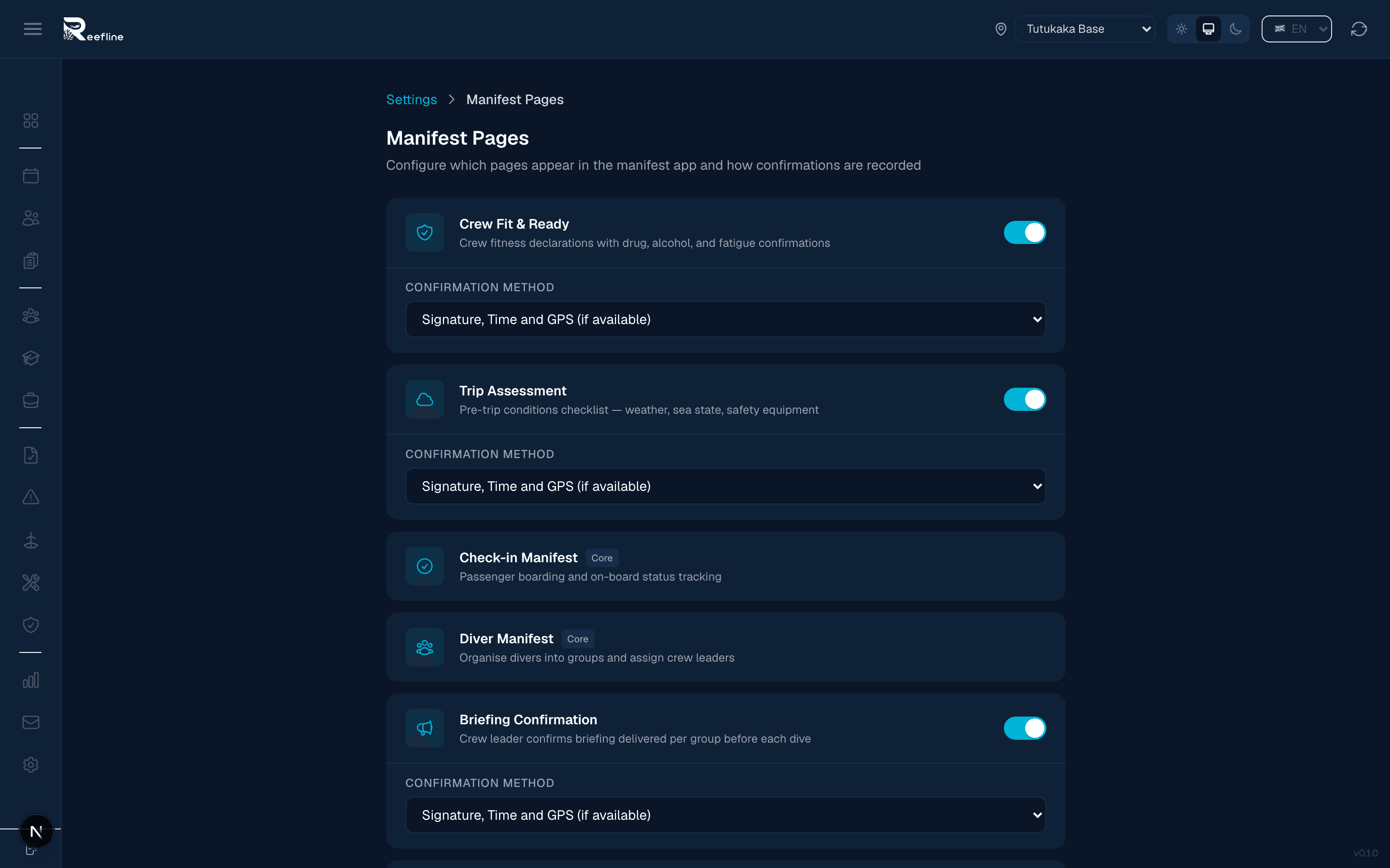 Manifest module settings showing trip types, dive sites, and operational configuration