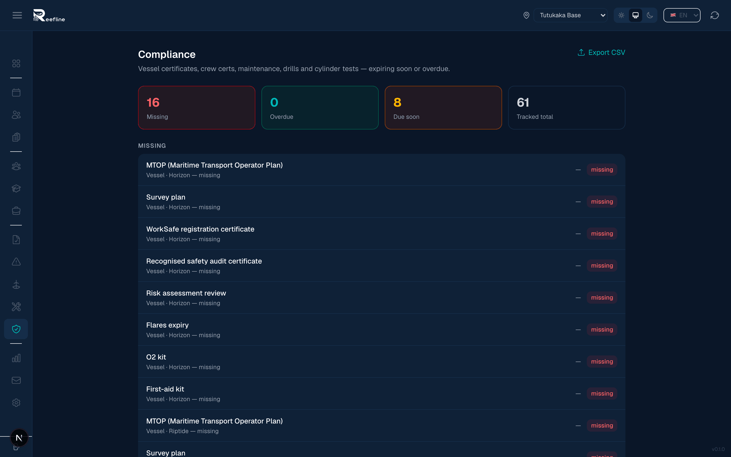 Compliance dashboard with missing, overdue, and due-soon counts and a list of vessel certificates and documents, with the location switcher in the header