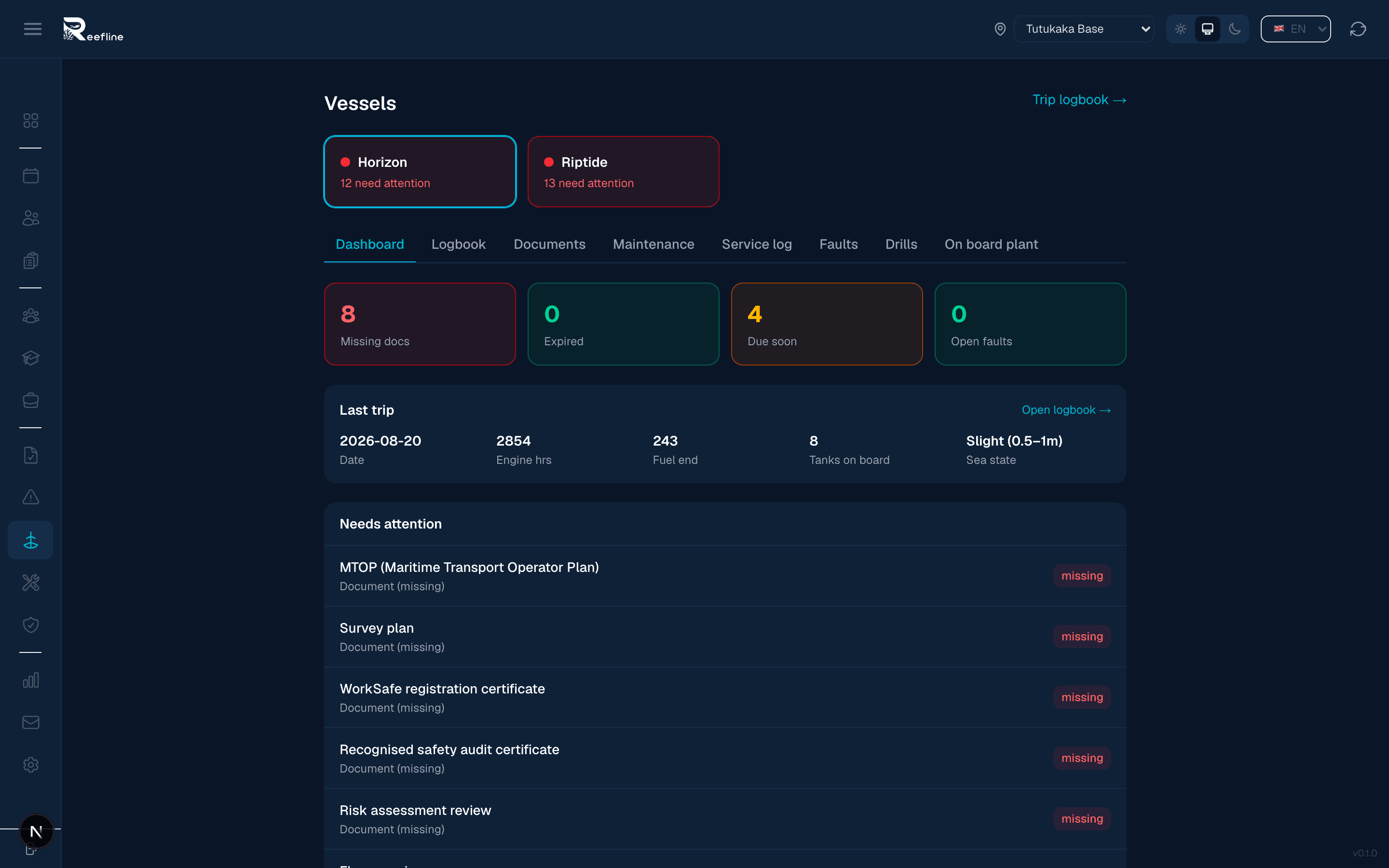 Vessels dashboard with colour-coded vessel status cards and expiry tiles