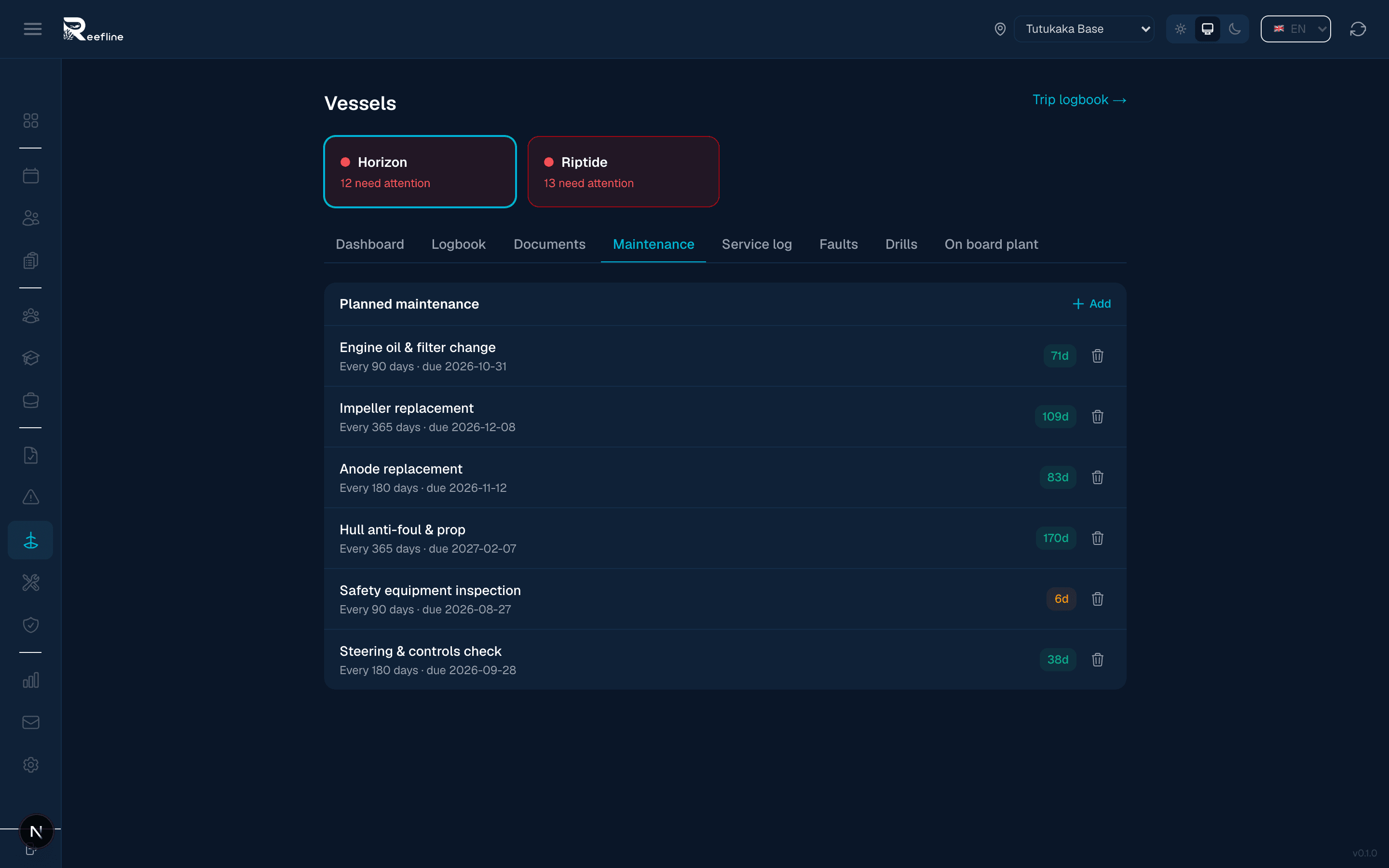 Planned maintenance list for a vessel showing service intervals and days until due