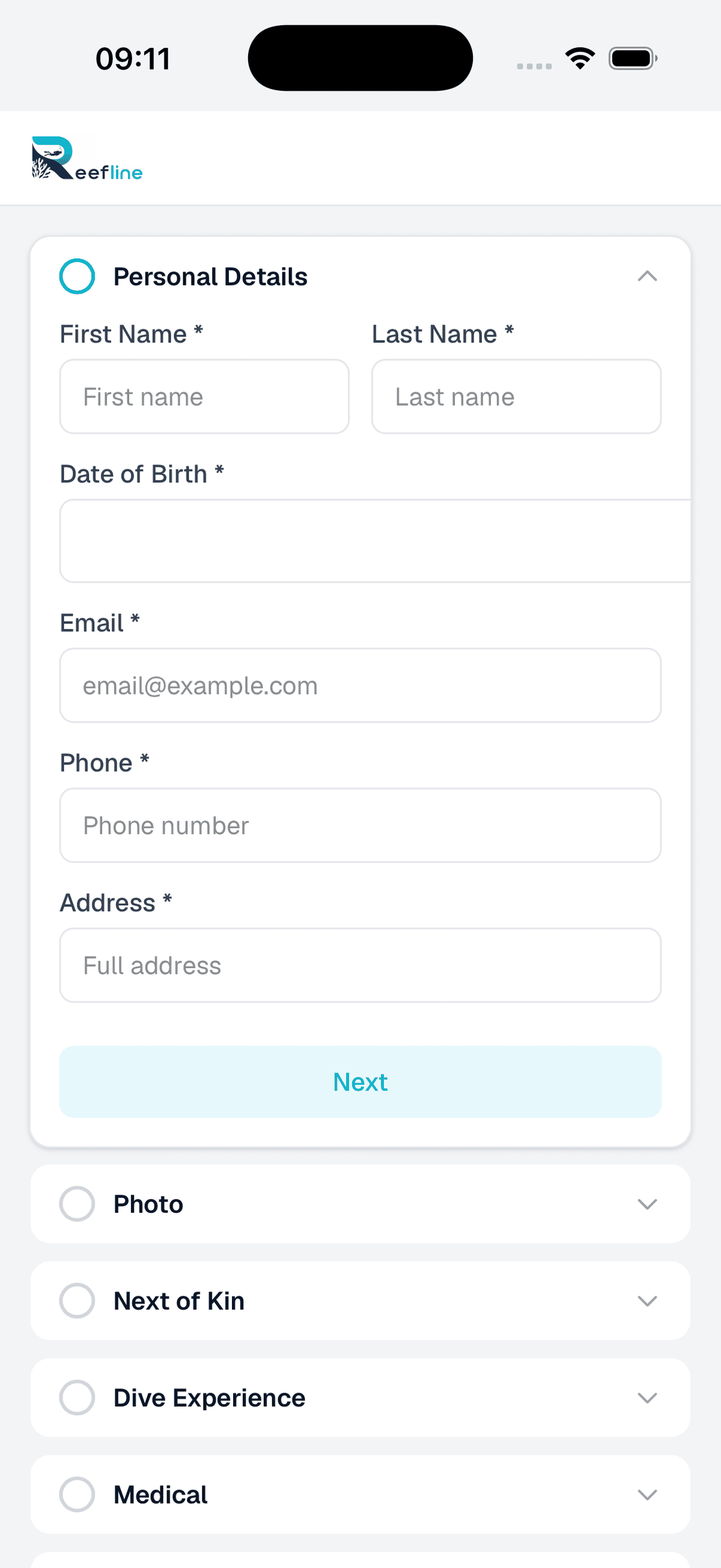 Waiver kiosk personal details form with name, date of birth, email, phone, and address fields