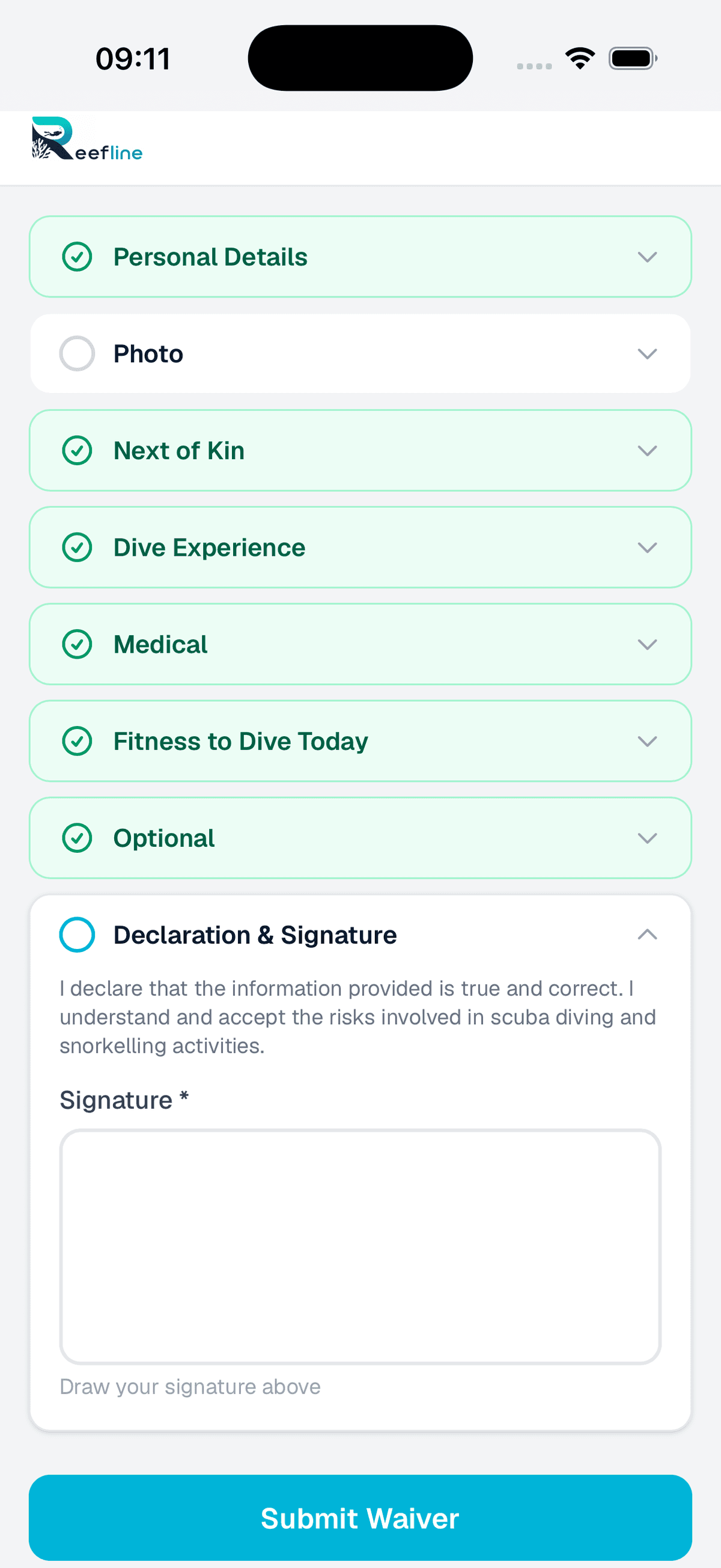 Waiver kiosk declaration and signature capture screen