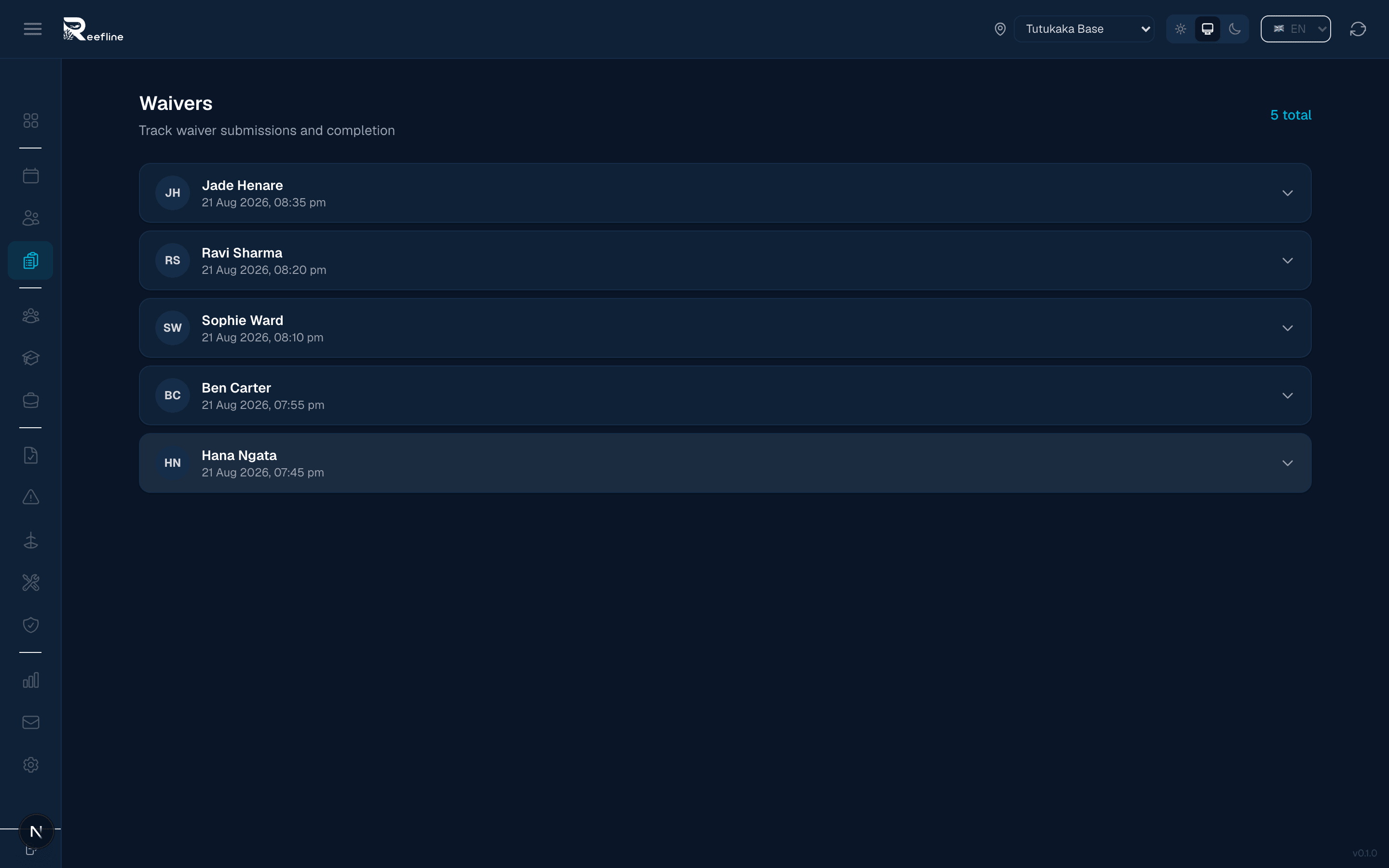 Admin panel waiver list showing submitted waivers with customer names, dates, and linked status