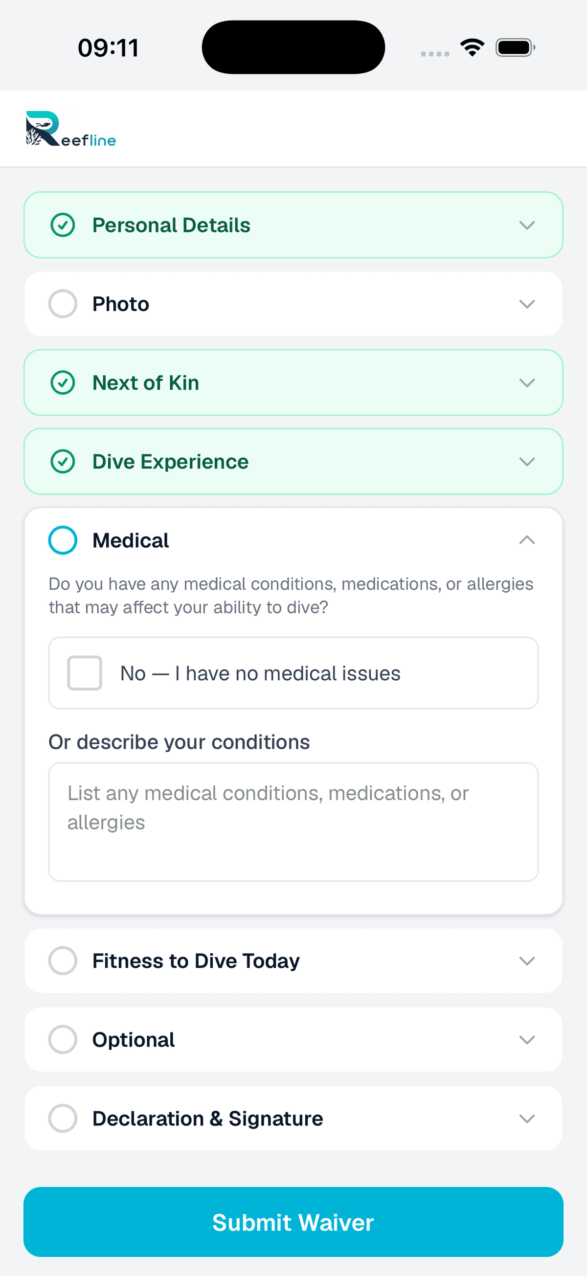Waiver kiosk medical declarations section with conditions and allergies fields
